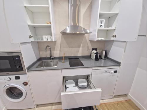 a small kitchen with a sink and a washing machine at Apartamentos Picasso by gaiarooms in Salamanca