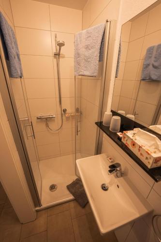 a bathroom with a shower and a white sink at Ferienwohnung Keppeln in Piesport