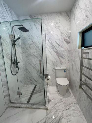 a bathroom with a glass shower and a toilet at Almorah 2 bedroom in Auckland