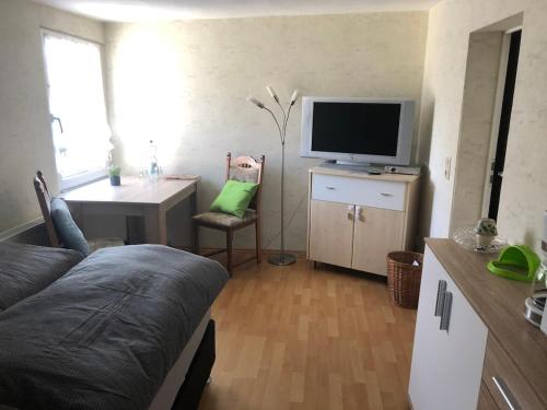 a living room with a couch and a table and a television at Pension Ute in Strehla