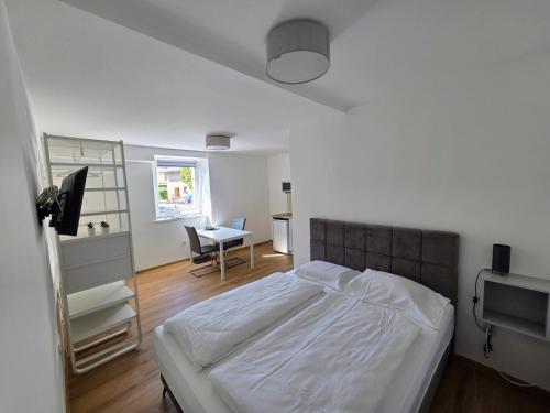 a bedroom with a bed and a desk with a computer at Apartment Trubarjeva33, near Ljubljana, free parking in Velike Lašče