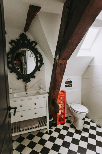 a bathroom with a sink toilet and a mirror at Le gîte du Sorcier 89 in Avallon