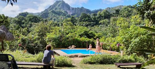eine Gruppe von Menschen, die um einen Pool herum sitzen in der Unterkunft Mirador Jungle El Macuti in Rurrenabaque