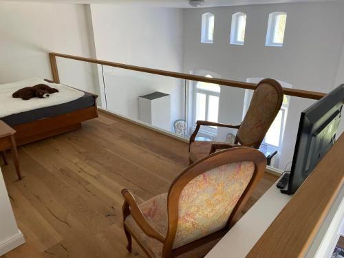 a bedroom with a dog laying on a bed and a chair at Weisses Traumschloss An Der Ostsee in Hohendorf