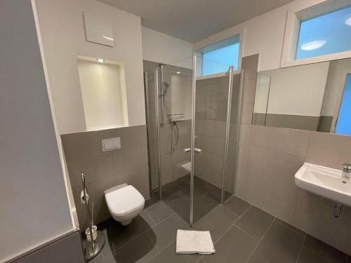 a bathroom with a shower and a toilet and a sink at Weisses Traumschloss An Der Ostsee in Hohendorf