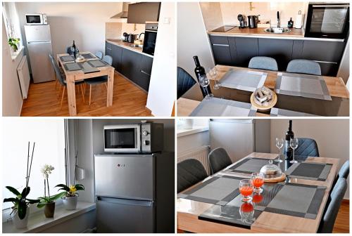 un collage de quatre photos d'une cuisine et d'une pièce dans l'établissement Apartman Maela, à Županja