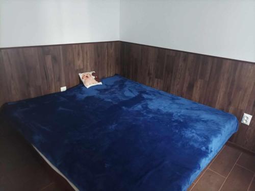 a blue bed in a room with a wooden wall at Karolína 2 in Plavecký Štvrtok