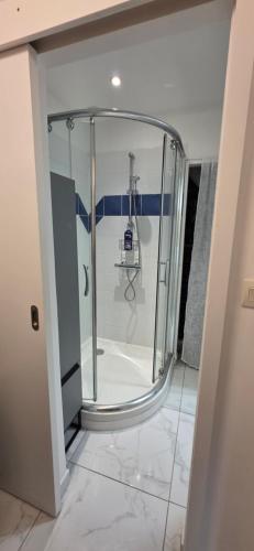 une douche avec une porte vitrée dans une salle de bain dans l'établissement Studio Cosy entièrement rénové - Centre Historique, à Rochefort
