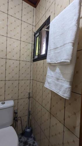 Un baño con inodoro, ventana y toallas. en MB Suite Cogefar, en Douala