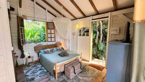 a bedroom with a bed and a tv in a room at Chalet de Dolé in Gourbeyre