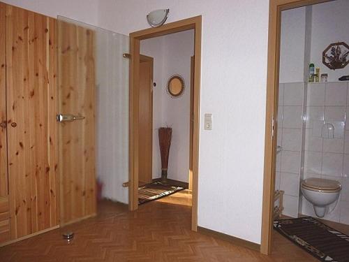 La salle de bains est pourvue de toilettes et d'un miroir. dans l'établissement Blick In Die Natur, à Ilmenau