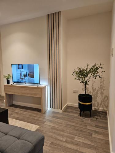 a living room with a couch and a television at Spacious 3-Bedroom Apartment with Private Parking & Wi-Fi in Hull