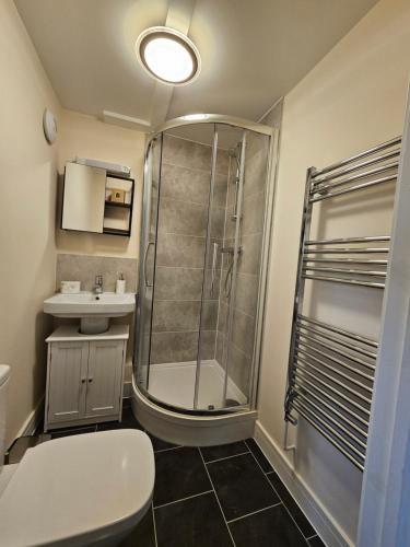 a bathroom with a shower and a toilet and a sink at Pancinos Guest House Newmarket High Street in Newmarket