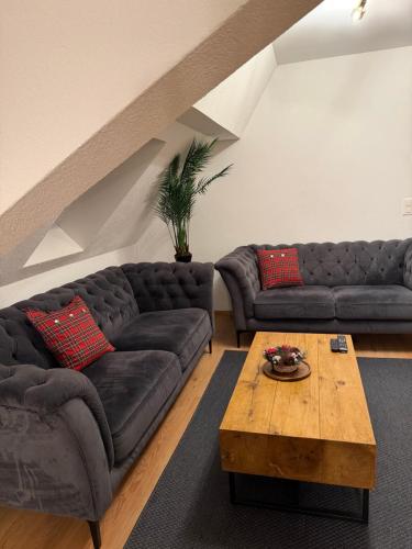 a living room with two couches and a coffee table at A&A Apartment in Oftringen