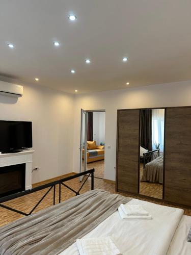 ein Schlafzimmer mit einem Bett und einem großen Spiegel in der Unterkunft Park House in Baia Mare