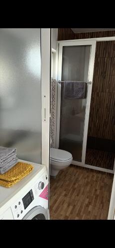 two pictures of a bathroom with a toilet at Park House in Baia Mare