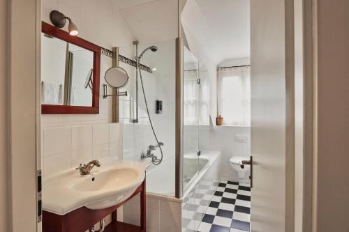 une salle de bain avec un lavabo, des toilettes et une douche dans l'établissement Schloss - Schenke Tunzenberg, à Mengkofen