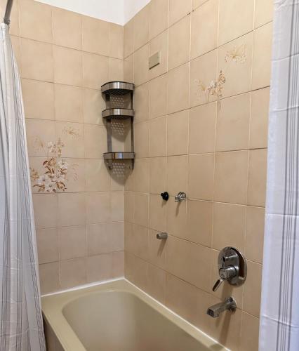 a bathroom with a tub and a shower curtain at Alam B&B Bologna in Bologna