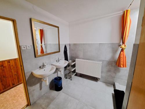 a bathroom with two sinks and a mirror at Chata JedlOvka in Jiřetín pod Jedlovou