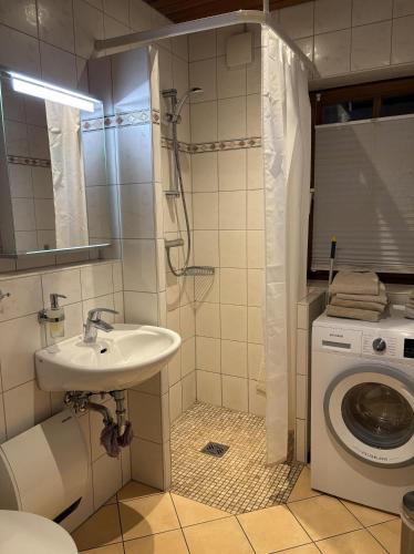 a bathroom with a sink and a washing machine at Ferienhaus Becker in Bispingen