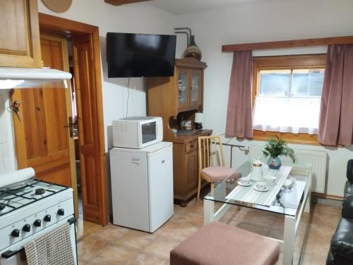 cocina con fogones blancos y microondas en Drevenica u Holtana mini, en Oščadnica