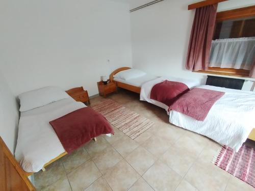 Dos camas en una habitación con ventana. en Drevenica u Holtana mini, en Oščadnica