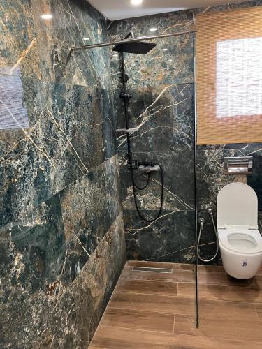 a bathroom with a shower and a toilet at Dar Selima Hammamet in Hammamet