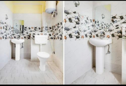 Dos imágenes de un baño con inodoro y lavabo. en Magadh Kutumb Guest House, en Patna