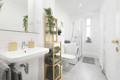 ein weißes Badezimmer mit Waschbecken und Toilette in der Unterkunft Gesamte Unterkunft Apartment in Ludwigslust in Ludwigslust