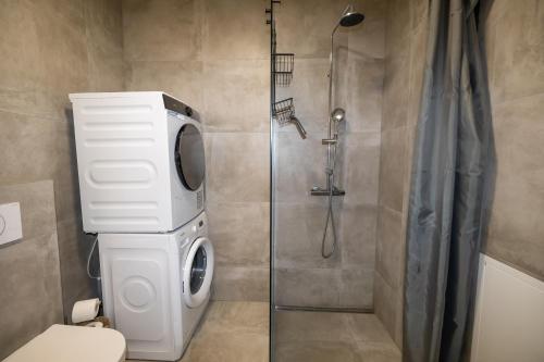 a bathroom with a shower with a toilet and a shower at New Downtown Retreat in Akureyri