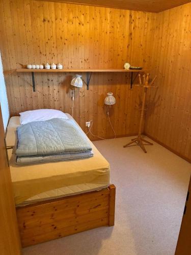 a bedroom with a bed in a wooden wall at Ferienwohnung Caziela 49 in Tschappina
