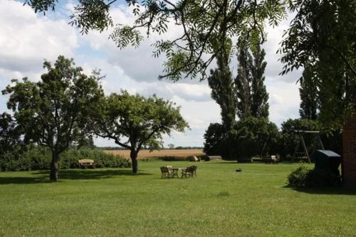 a park with a picnic table in the grass at Ferienhaus Kranich In Ummanz Lüßvitz in Ummanz