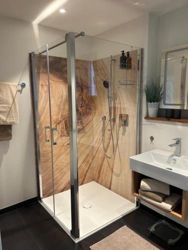 a bathroom with a shower and a sink at Wallys Auszeit in Grub am Forst