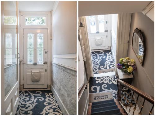 a hallway with a door and a staircase with blue and white tiles at Westersingel in Rotterdam