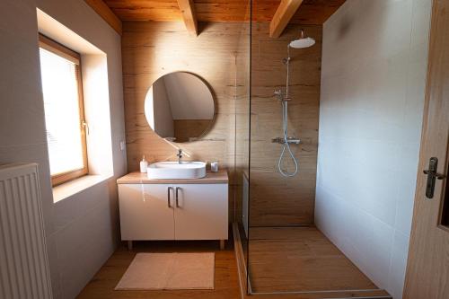 a bathroom with a shower with a sink and a mirror at Chalet Mara Liptov in Otilia