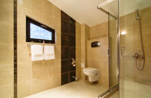 ein Badezimmer mit Toilette und Glasdusche in der Unterkunft Spa Hotel Planinata in Ribarica