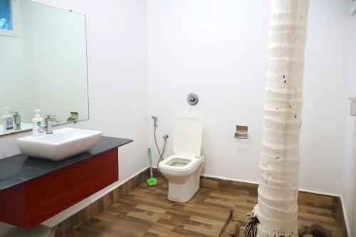 ein Badezimmer mit einer weißen Toilette und einem Waschbecken in der Unterkunft Patnem Beach Cottages in Patnem