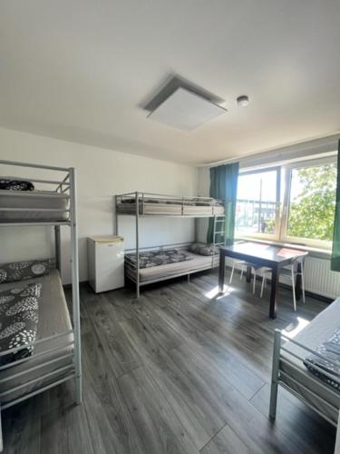 a room with bunk beds and a table and a desk at Pension Baron in Fürth