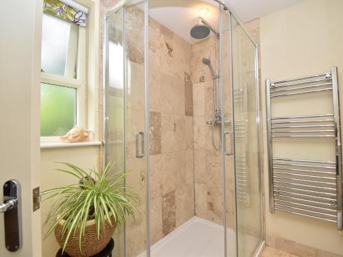 ein Badezimmer mit einer Dusche mit Topfpflanze in der Unterkunft 2 Bed in Barton Stacey 88770 in Bransbury