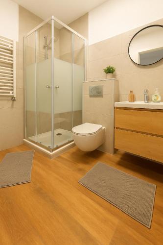 a bathroom with a shower and a toilet and a sink at Ferienwohnung Las Vegas in Marienheide