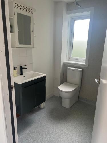 a bathroom with a toilet and a sink and a window at Highland Park Cottage in Kirkwall