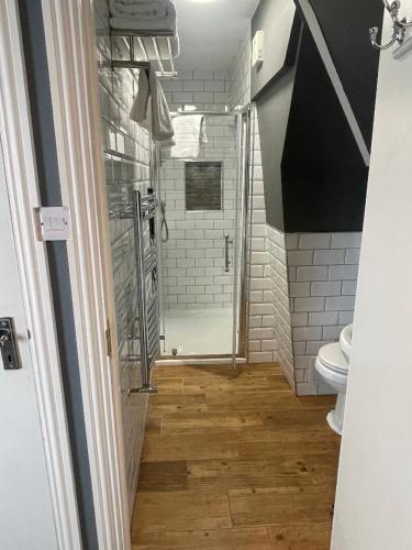 a bathroom with a shower and a toilet at Skyline Guesthouse Newquay in Newquay