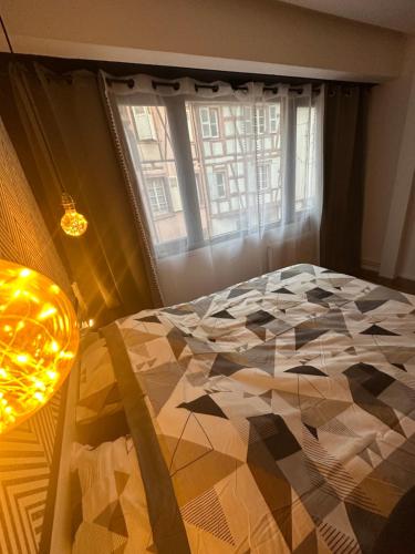 Un dormitorio con una cama con una colcha encima en Djokovic Colmar, en Colmar