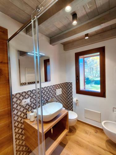 a bathroom with two sinks and a glass shower at Maria Luisa Mountain Lodge in Rovere