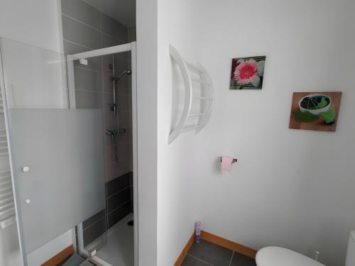 une salle de bain blanche avec douche et toilettes dans l'établissement Gite Les Jardins d'Harmonie, à Bourgneuf