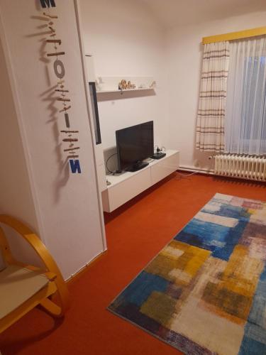 a living room with a television and a rug at Zimmer mit Stall in Geestland