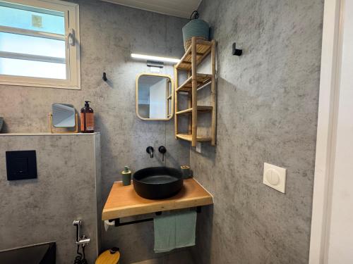 ein Badezimmer mit einem Waschbecken auf einer Holzablage in der Unterkunft Les Kaz de Sainte Anne in Sainte-Anne