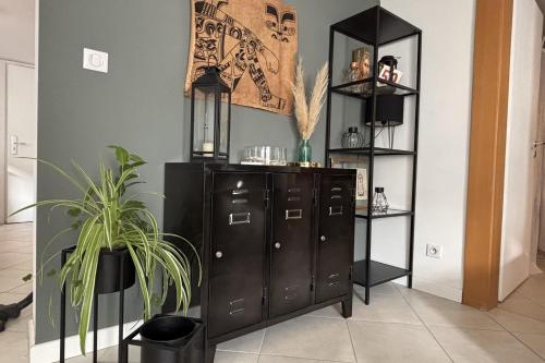a black cabinet in a room with a potted plant at Beautiful apartment of 67 m2 near Strasbourg in Bischheim