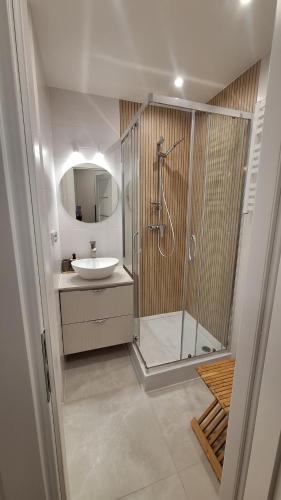 a bathroom with a shower and a sink at Mieszkanie Armii Krajowej kawalerka basen centrum in Nowy Sącz