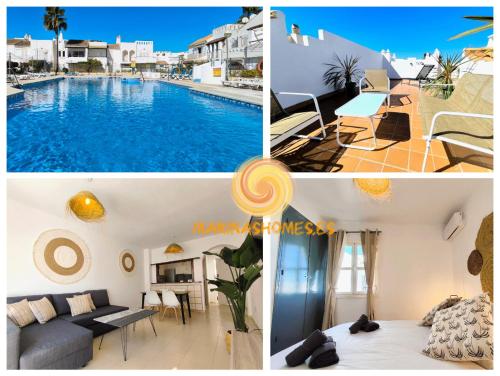 eine Collage mit Bildern eines Schwimmbads in der Unterkunft Marinas Sol - Tu hogar con jardín privado! in Vera